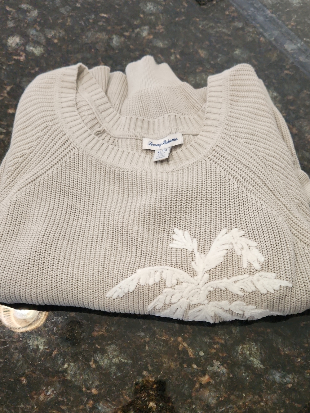Tommy Bahama Womens Cream Crewneck Sweater with Embroidered Palm Size XL